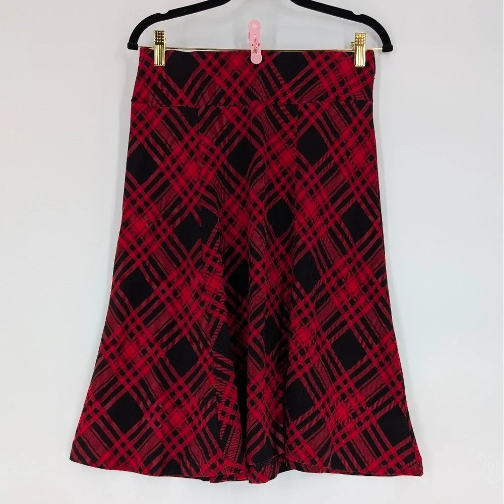 Chaps Red Black Plaid A-Line Midi Skirt Cotton Jersey Pull On Small‎